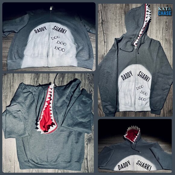 Grey Red Daddy Shark Zip Up Hoodie Mens Large Custom OOAK Father Family Costume - Picture 5 of 12
